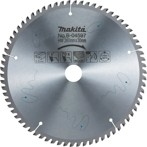 Makita B-04597 Standard-Kreissägeblatt TCT 260 x 30 mm 70T - Handkreissägen - Hochwertiges TCT-Kreissägeblatt für präzise Holzschnitte mit 70 Zähnen, ideal für saubere und schnelle Ergebnisse.