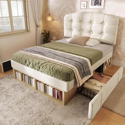 okwish Polsterbett 90x200 mit höhenverstellbarem Kopfteil und Stauraum - Beige - Dieses stilvolle Polsterbett bietet ein höhenverstellbares Kopfteil für individuellen Komfort und cleveren Stauraum mit Schubladen. Ideal für jedes Schlafzimmer, sorgt es für eine elegante und praktische Einrichtung.