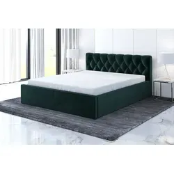 Polsterbett VOG-OM 90 x 200 mit Bettkasten in Grün - Kompaktes Polsterbett mit Bettkasten, ideal für kleine Räume. Hochwertige Materialien sorgen für Langlebigkeit und einfache Reinigung. Inklusive Lattenrost für optimalen Schlafkomfort.