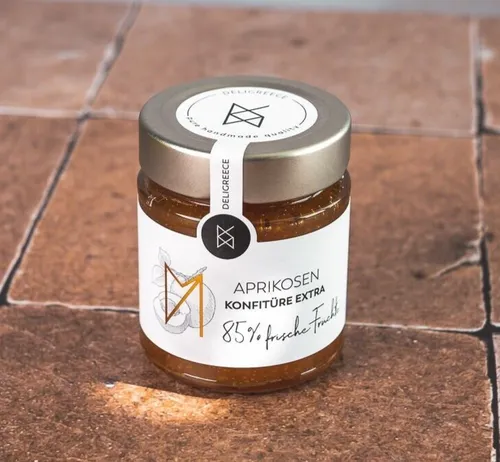 Aprikosen Konfitüre Extra 85% Fruchtanteil Feinkost Deligreece 180 g (€38,61/kg)