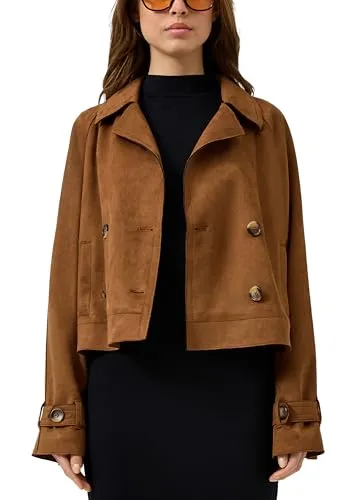 QS Kurztrench - Eleganter Kurztrench mit lockerer Passform und hochwertiger Velourslederoptik. Ideal für stilvolle Looks, ausgestattet mit Reverskragen, Raglanärmeln und praktischen Leistentaschen.