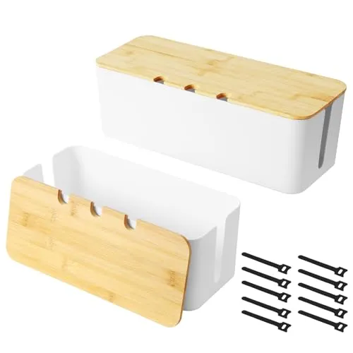 Stück Kabelbox, Kabelmanagement Box, Kabel Organizer Box Mit Holzdeckel, Cable Management Box, Kabelorganisator Box zum Verstecken und Ordnen von Kabeln, Cable Organizer Box Groß (Weiß) 2