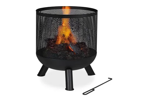 Relaxdays Feuerkorb mit Mesh Design - Grills: Moderner Feuerkorb aus Stahl für gemütliche Abende im Garten, inklusive Schürhaken und Holzrost für optimale Luftzirkulation.