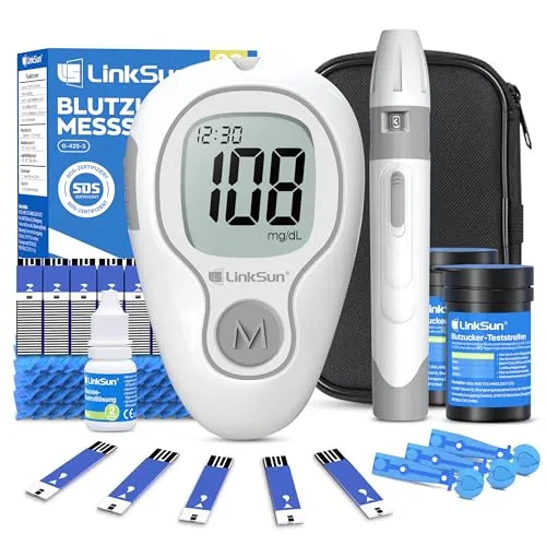 LinkSun G-425-3 Blutzuckermessgerät-Set mit 100 Teststreifen und Lanzetten