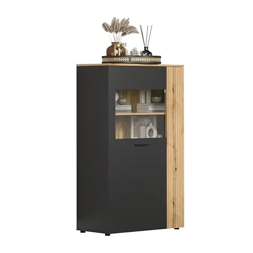 trendteam smart living Esteban Highboard - Anthrazit/Evoke Eiche - Hochschrank fürs Wohnzimmer mit 5 Fächern, markanter Rillenoptik und individueller Türmontage - ideal für stilvolle Präsentation deiner Schätze.