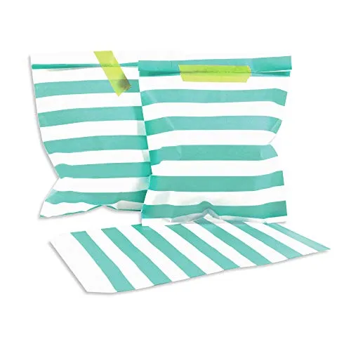 Frau WunderVoll® 25 PAPIERTÜTEN TÜRKIS, Streifen 13 x 16,5 cm, 45 Gramm Papier, flach/Candy Bar, Hochzeit, Kindergeburtstag, Papiertütchen, Candybag, Tüten, Mitgebseltüten
