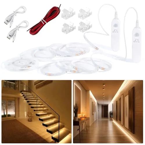 Hoobabuy Led Strip mit Bewegungsmelder und Lichtsensor, Wiederaufladbar Batterie, Led Band Wiederaufladbare Kleiderschrank Beleuchtung, für Treppen, Babyzimmer, Küche, 5M, Warmweiß 2700K