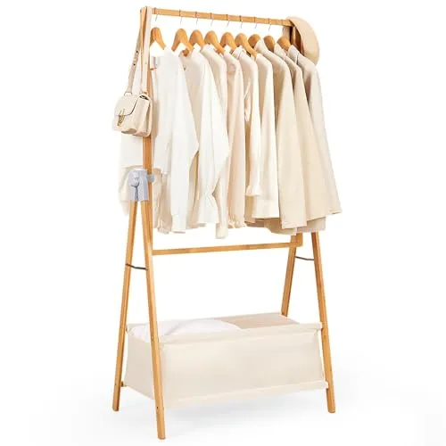 Yorbay Kleiderständer aus Bambus mit Aufbewahrungskiste - Kleiderständer mit flexibler Höhenverstellung, faltbar und platzsparend, ideal für Schlafzimmer oder Flur und schafft zusätzlichen Stauraum.