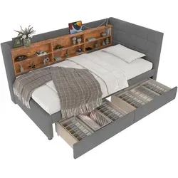 Stauraumbett mit Schubladen und USB-Anschlüssen, 90x200 cm - Polsterbett mit Lattenrost und praktischem Stauraum. Inklusive 2 USB- und 1 Type-C Anschluss für modernen Komfort. Ideal für kleine Räume!