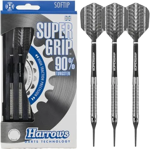 Produktbild Harrows SUPERGRIP Darts-Set mit weicher Spitze aus 90% Wolfram. Erhältlich in 16 g, 18 g, 20 g – inklusive Supergrip-Schäften, Supergrip-Flights und Reiseetui (20g)