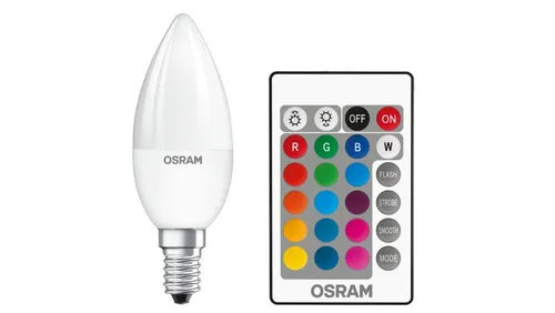 OSRAM E14 LED Kerzenform mit Fernbedienung - dimmbar und farbwechselnd - Energiesparlampe mit 4,5W, ideal für stimmungsvolle Beleuchtung. Farbtemperatur von 2500 - 3000 K und dimmbar für individuelle Lichtgestaltungen.