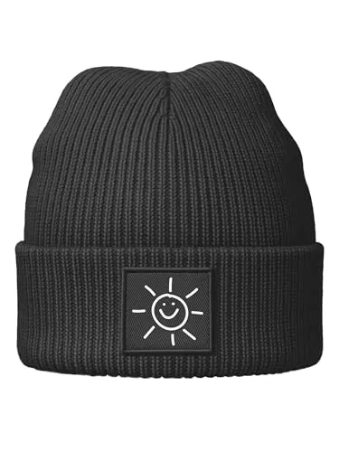Neverless® Damen Beanie Patch Smile Sonne Aufdruck Positive Vibes Print Wintermütze Strickmütze Streetstyle Schwarz Unisize