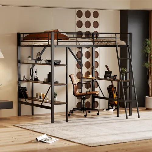 Flieks Etagenbett 90x200cm mit Schreibtisch und Regal, Hochbett mit Rausfallschutz in Schwarz