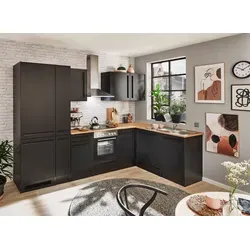 Küchenblock JAZZ 8 mit E-Geräten - schwarz - Küchenzeilen mit integriertem Ecke-Kühlschrank und Apothekerschrank, perfekt für platzsparende Küchenlösungen und modernes Design.