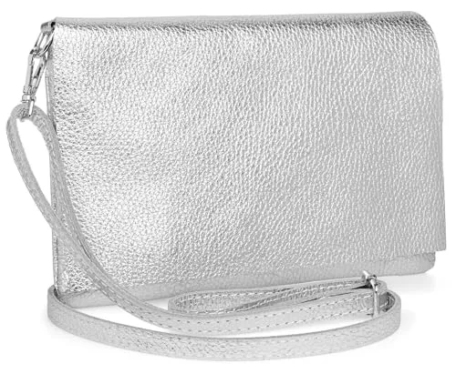Caspar Stilvolle Leder Clutch Abendtasche Damen Umhängetasche mit verstellbarem Schultergurt - CLASSIC LINE - Modell No.839 - Made in Italy, Farbe:silber metallic