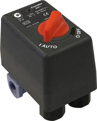 Druckschalter CONDOR MDR 1/11 bar, 230 Volt - Druckluftzubehör mit Schutzart IP 44, ideal für sichere Anwendungen, inklusive Kabelverschraubungen und Anlauf-Entlastungsventil AEV 1S.