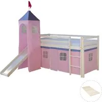 Homestyle4u Hochbett 90x200 mit Rutsche und Turm in Weiß - Hochbett für Kinderzimmer mit Rutsche, Turm und abnehmbarem Vorhang – ideal für Abenteuer und Spiel. Viel Stauraum unter dem Bett und wechselseitig montierbare Leiter.
