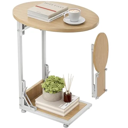 Bomclap Couchtisch, Klappbarer Sofatisch C Form, Kleiner Beistelltisch mit Aufbewahrungstasche, Kaffeetisch mit Metallgestell für Wohnzimmer Schlafzimmer Büro, 40 x 33 x 64,5 cm (Natur)