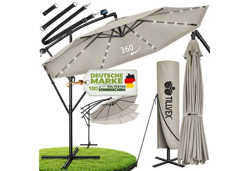 tillvex Sonnenschirm LED Solar Ø 3m – Ampelschirm für Balkon und Garten - Genießen Sie angenehme Schattenmomente mit dem tillvex® Sonnenschirm. Der 3m große Ampelschirm bietet UV-Schutz, ist wasserabweisend und lässt sich dank Kurbelmechanismus einfach bedienen. Ideal für entspannte Stunden im Freien! 360° drehbar.