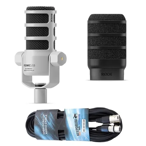 Rode Podmic USB XLR Dynamisches Sprecher-Mikrofon Weiss mit WS14 Popschutz Schwarz und keepdrum XLR-Kabel