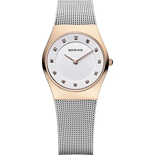 BERING Damen Quarz Uhr | Armbanduhr 27 mm roségoldenes Edelstahlgehäuse und weißes Zifferblatt | Milanaisearmband | Saphierglas | 5 ATM | 11927-064