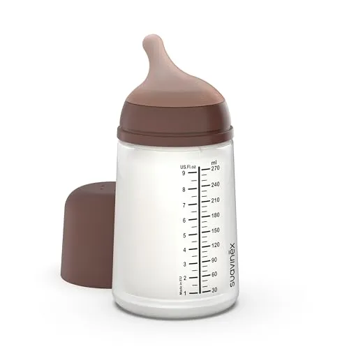 Suavinex, Anti-Colic Babyflasche Zero Zero,mit mittlerem Silikonsauger (M), für Babys ab 3 Monaten, Empfohlen für gestillte Babys und Flaschennahrung, 270 ml, Deep