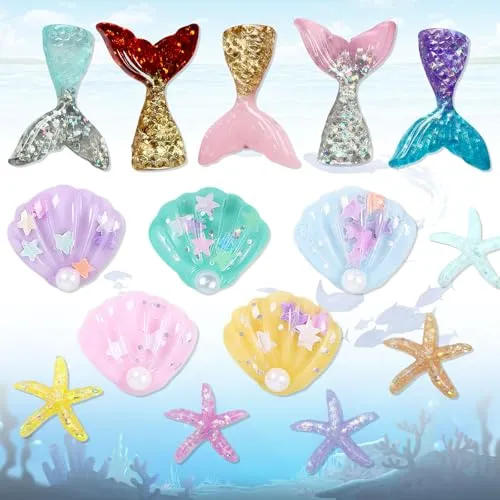 WiDream 15 pcs Deko Muscheln, Harz Mini Seesterne, Meerjungfrauenschwanz Ornament, für Landschaft Aquarium, Raumdekoration, Hochzeit, Halskette DIY Kunsthandwerk
