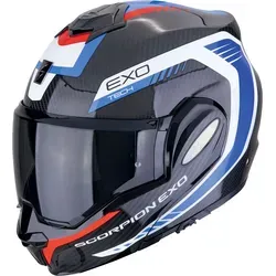 Scorpion EXO-Tech Evo Carbon Cosy - Modularhelm in Schwarz/Weiß/Blau/Rot - S - Motorradhelm mit ultra-leichter Carbon-Verbundschale, Dual-Homologation P/J für sicheren Fahrspaß in offener und geschlossener Position sowie 100% beschlagfreies Pinlock Visier.