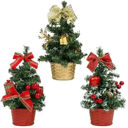Belle Vous Künstliche Mini Weihnachtsbaum Dekoration Gold und Rot mit LED (3 Stück) - 20 cm - Mini Tannenbaum Dekoriert mit Beeren, Tannenzapfen & Schleifen für Haus, Tisch und Wohnzimmer