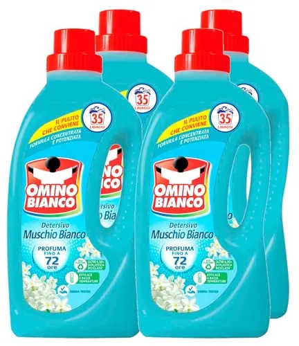 Omino Bianco Flüssigwaschmittel Frischer Duft mit weißem Moschus-Essenz 35 Waschgänge – 4 Flaschen à 1400 ml