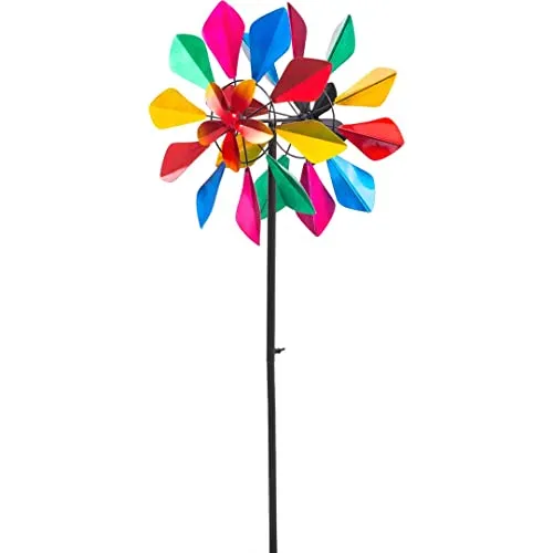 Kinetic Art Windspiel - Handbemaltes Metall Windrad mit Erdspieß - Gartenverzierungen, einzigartiges mehrfarbiges Design mit Flower Duett Motiv und 2 Kugellagern für sanfte Drehbewegung im Wind.