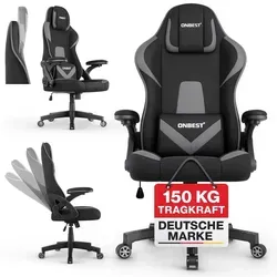 ONBEST Gaming Stuhl Grau | Ergonomisch & Verstellbar | 150 kg - Ergonomischer Gaming Stuhl mit individueller Anpassung für höchsten Komfort. Belastbarkeit von 150 kg, leise 360° Rollen und verstellbare Armlehnen für optimale Bewegungsfreiheit. Inklusive Lordosenkissen für zusätzliche Unterstützung.