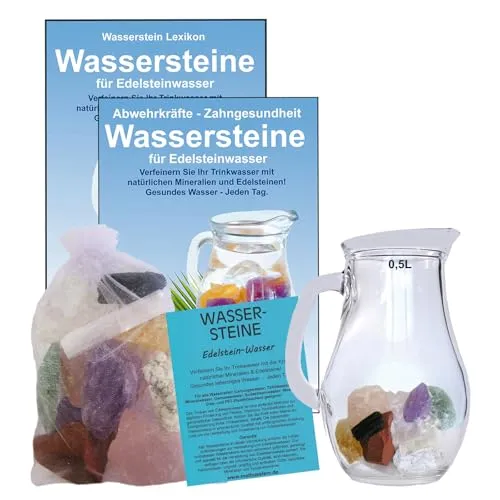 Wassersteine EDELSTEINWASSER Set 300g EDELSTEINE RUHE & ENTSPANNUNG zum WASSER energetisieren + 0,5L Glaskrug Karaffe. 5-tlg SET zur Wasseraufbereitung. Mit TÄSCHCHEN & ANLEITUNG. 90036-1