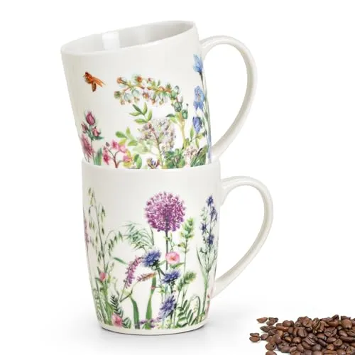 Tassen 2er Set mit Frühling Blumen Motiv - Hochwertige Porzellan Kaffeetassen für Genuss - DEKORATIV - Das 2er Set mit bunten Tassen ist ideal für heiße und kalte Getränke und bringt Farbe auf jeden Tisch. HAND MADE - Aus hochwertigem Porzellan, spülmaschinen- und mikrowellengeeignet, perfekt für jeden Kaffeeliebhaber. GESCHENKIDEE - Ideal zum Verschenken an besonderen Anlässen.