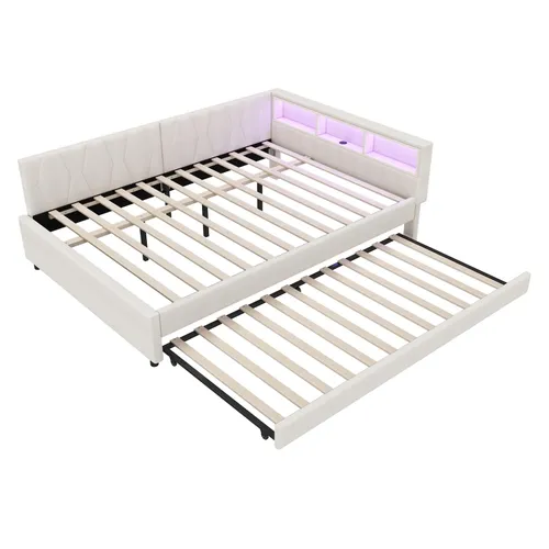 Schlafsofa mit LED-Beleuchtung und Gästebett, 140x200 cm, Polsterbett mit Lattenrost und Mehrfachsteckdose, Doppelbett, Leinen