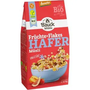 Bauckhof Müsli Hafermüsli Früchte + Flakes, BIO, 425g - BIO Müslimischung mit 27% Trockenfrüchten, vegan und ohne Zuckerzusatz – ideal für einen gesunden Start in den Tag!