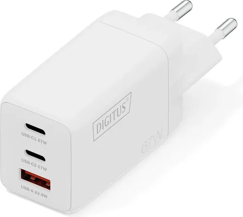 Digitus USB-Ladegerät GaN 67W mit 2x USB-C und 1x USB-A in Weiß - Leistungsstarkes Digitus USB-Ladegerät mit 67W, ideal für schnelles Laden von Geräten. Kompakt und vielseitig einsetzbar für zu Hause oder unterwegs.