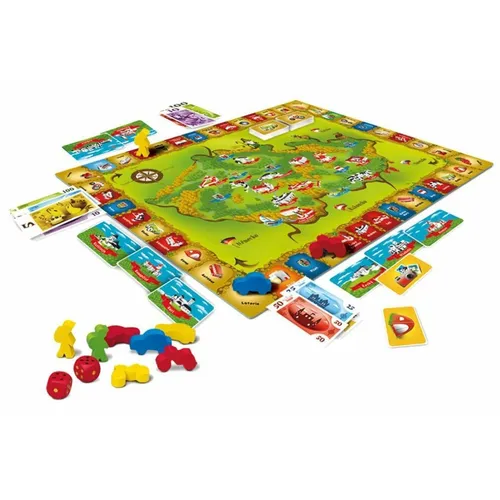 Dino, wir reisen durch Burgen und Chateaux - Gesellschaftsspiel für 2-4 Spieler ab 7 Jahren, das Geschicklichkeit und Taktik fördert. Entdecke historische Orte und gewinne durch cleveres Management!