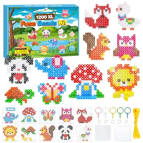 PITMT 10mm Bügelperlen Groß Set, 1200 Stück XL Steckperlen 10 Farben mit Bügelperlen Platten, 10 Muster 3 Bügelpapier 5 Schlüsselanhänger und Zubehör für Kinder ab 3 Jahren Basteln Handwerk Geschenk