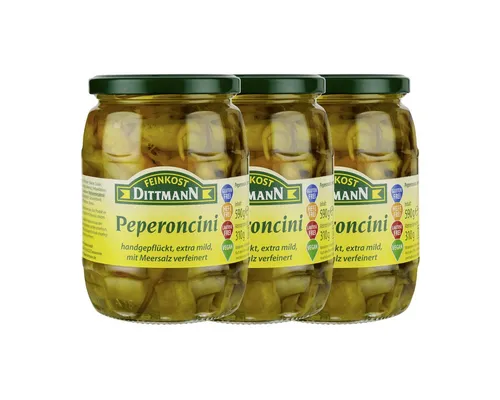 Feinkost Dittmann Gemüsekonserve, Dittmann Peperoncini extra mild Abtropfgewicht 310g Glas 590g 3er Pack