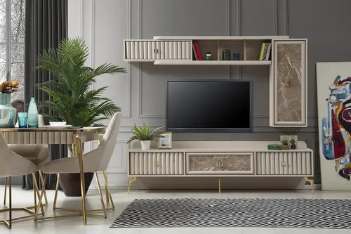 Designer Wohnwand aus Holz – Stilvolles Wohnzimmermöbel - Elegante Wohnwand für das Esszimmer mit 3 Regalfächern und 4 Schubladen. Hochwertige Verarbeitung und modernes Design garantieren einen stilvollen Auftritt. Montage erforderlich.