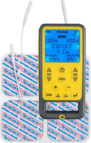 TensCare TENS-Gerät Sports TENS 2 schwarz - Reizstromgeräte für Muskelaufbau und Schmerzbehandlung, mit 4 Elektroden und vorprogrammierten EMS- und TENS-Programmen für effektive Anwendungen.