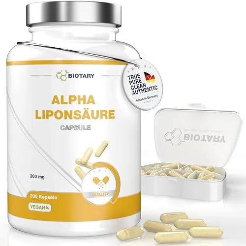 BIOTARY Alpha Liponsäure 200 Kapseln 600mg inclusive Pillenbox 12 Monatsvorrat Alpha Lipoic acid für Kreislauf Nervensystem Leber hohe Bioverfügbarkeit reine ALA Kapseln laborgeprüfte Qualität