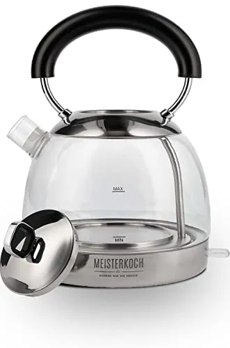 MEISTERKOCH WK-1713G Wasserkocher - Wasserkocher aus Glas mit 1,7 Liter Fassungsvermögen und 2.200 Watt Leistung, energieeffizient dank verdecktem Heizelement und 360° Sockel für einfache Handhabung.