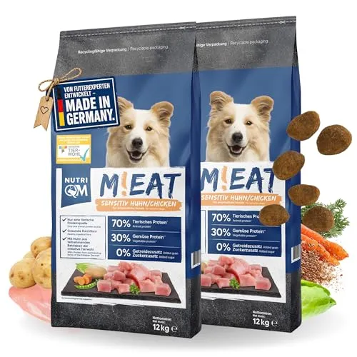 NutriQM M!EAT Sensitiv - Getreidefreies Trockenfutter für Hunde - Hochwertiges Trockenfutter mit ITW-zertifiziertem Huhn, ideal für sensible Hunde. Hohe Verträglichkeit dank 70/30/0-Formel und ohne Getreide. Unterstützt die Vitalität und sorgt für ein gesundes Fell.