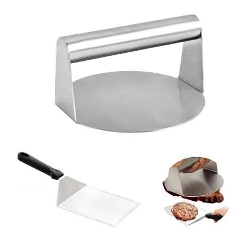 Burgerpresse mit Grillspachtel Set, Smash Burger Press aus Edelstahl 304, Rund Burger Smasher, Leicht zu Reinigen, Burger Pattie Presse für Flat Top Grill, Grillen, Kochen, Hamburger, Steaks