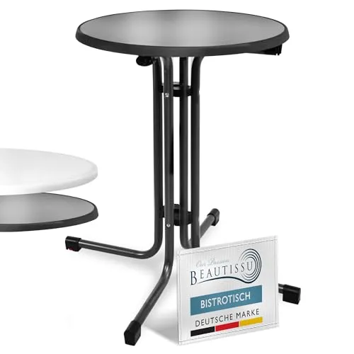 Beautissu Bistrotisch Outdoor Rund Ø 60 cm – Beistelltisch Balkontisch Stabiler Gartentisch Rund Klappbar 70 cm hoch – Campingtisch Partytisch Esstisch Gastro – Schwarz Bistroni