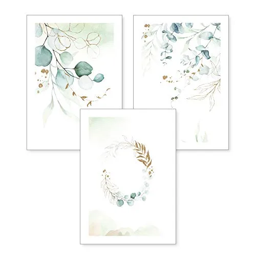 3-teiliges Premium Poster-Set | Kunstdruck | Zweige und Blätter | Deko Bild für Ihre Wand | optional mit Rahmen | Wohnzimmer Schlafzimmer Modern Fine Art | DIN A4 / A3 (A3, ohne Rahmen)