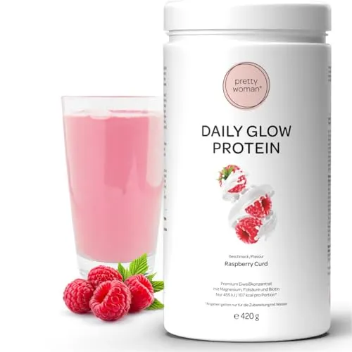 pretty woman Daily Glow Eiweiß Protein Pulver für Frauen, 420g - Proteinreiches Pulver mit Vitaminen und Mineralien für einen köstlichen Shake. Ideal zur Unterstützung nach dem Training, erhältlich in leckerem Raspberry Curd.