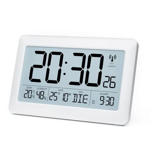 LATEC Wanduhr Digital, Digitale Wanduhr mit Temperaturanzeige und Feuchtigkeitsanzeige, Funkuhr Digital mit Hintergrundbeleuchtung, Datum, Wochentag, Groß, 20 x 13 x 1,2 cm (mit Batterien)